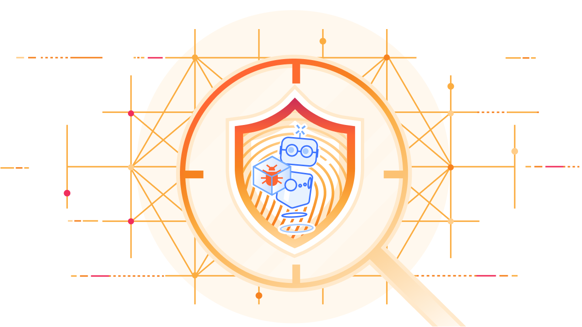 Cloudflare illustration for its Mythos Preview blog post: a magnifying glass over a shield containing a bug and a small robot, on an orange grid background.