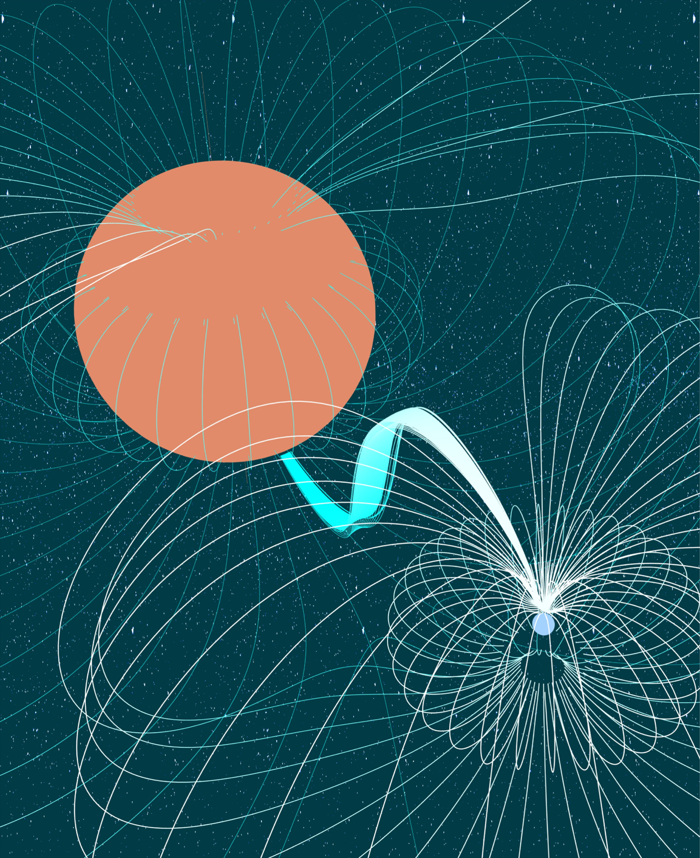 Artist's impression of an accreting white dwarf binary, with a stream of plasma running from a red dwarf to a white dwarf surrounded by tangled magnetic field lines.