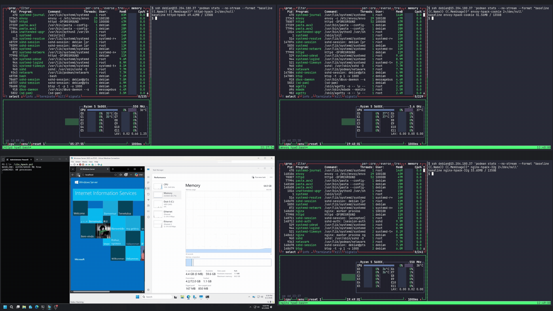 Four terminal windows showing Apache httpd, Envoy, nginx, and Microsoft IIS each having their memory drained by HTTP/2 Bomb, played at 2× speed.