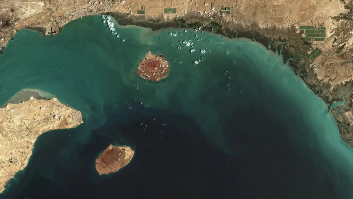 Satellite view of Iran's Qeshm Island at the entrance to the Strait of Hormuz