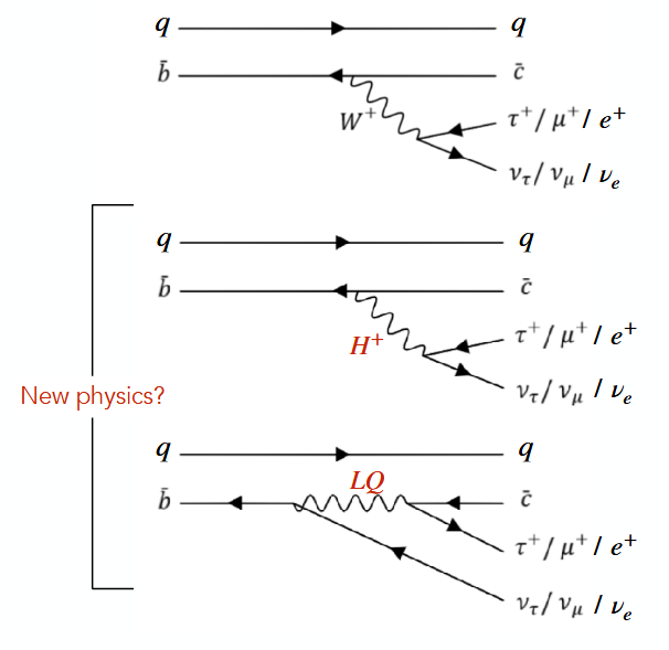Feynman diagrams comparing the Standard Model W-boson process to two new-physics scenarios: a charged Higgs and a leptoquark mediating the same B meson decay.