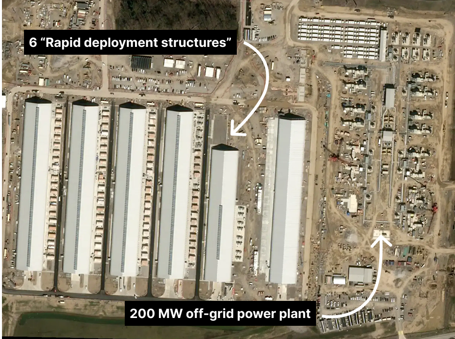 Annotated satellite image of New Albany, Ohio showing six rapid deployment structures and an adjacent 200 megawatt off-grid power plant.