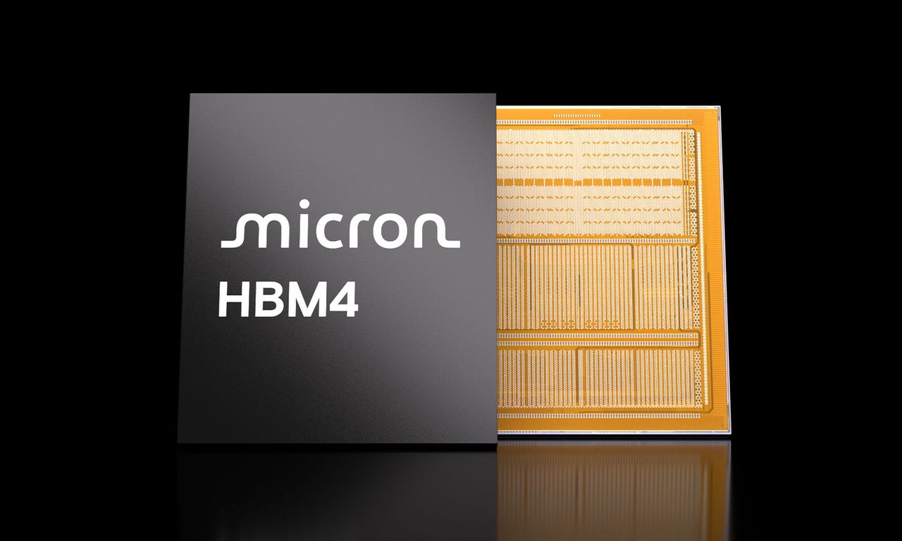Micron HBM4 stacked memory package beside its gold-toned interposer die