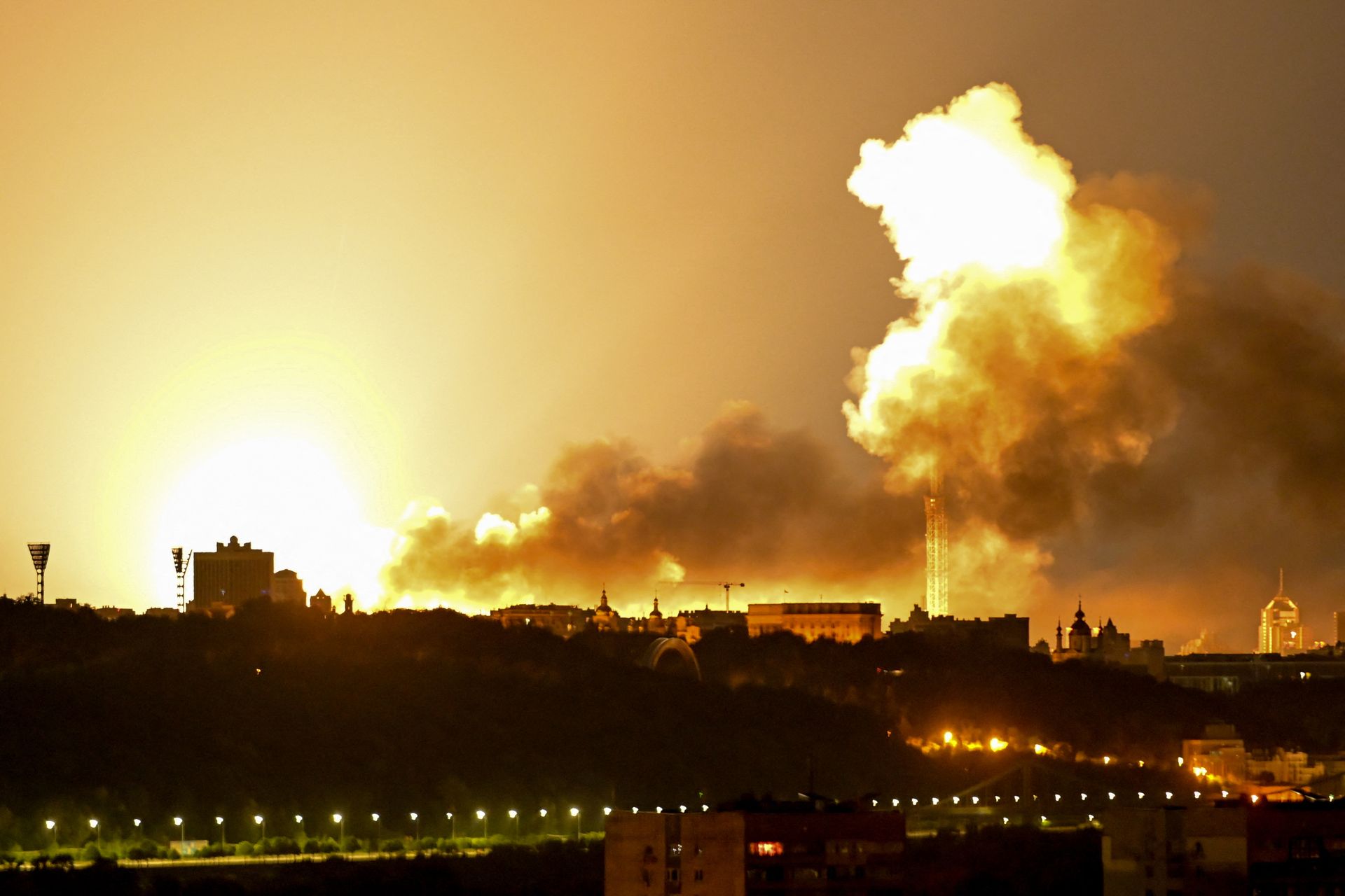 Massive fireball over the Kyiv skyline during overnight Russian drone and missile attacks.