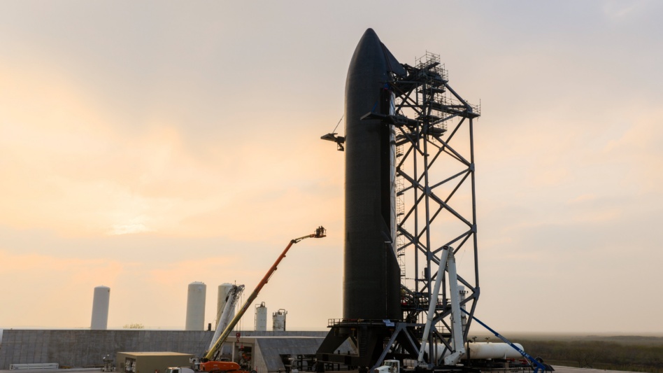 A SpaceX Starship Version 3 vehicle stacked on its launch mount at Starbase in Boca Chica, Texas.